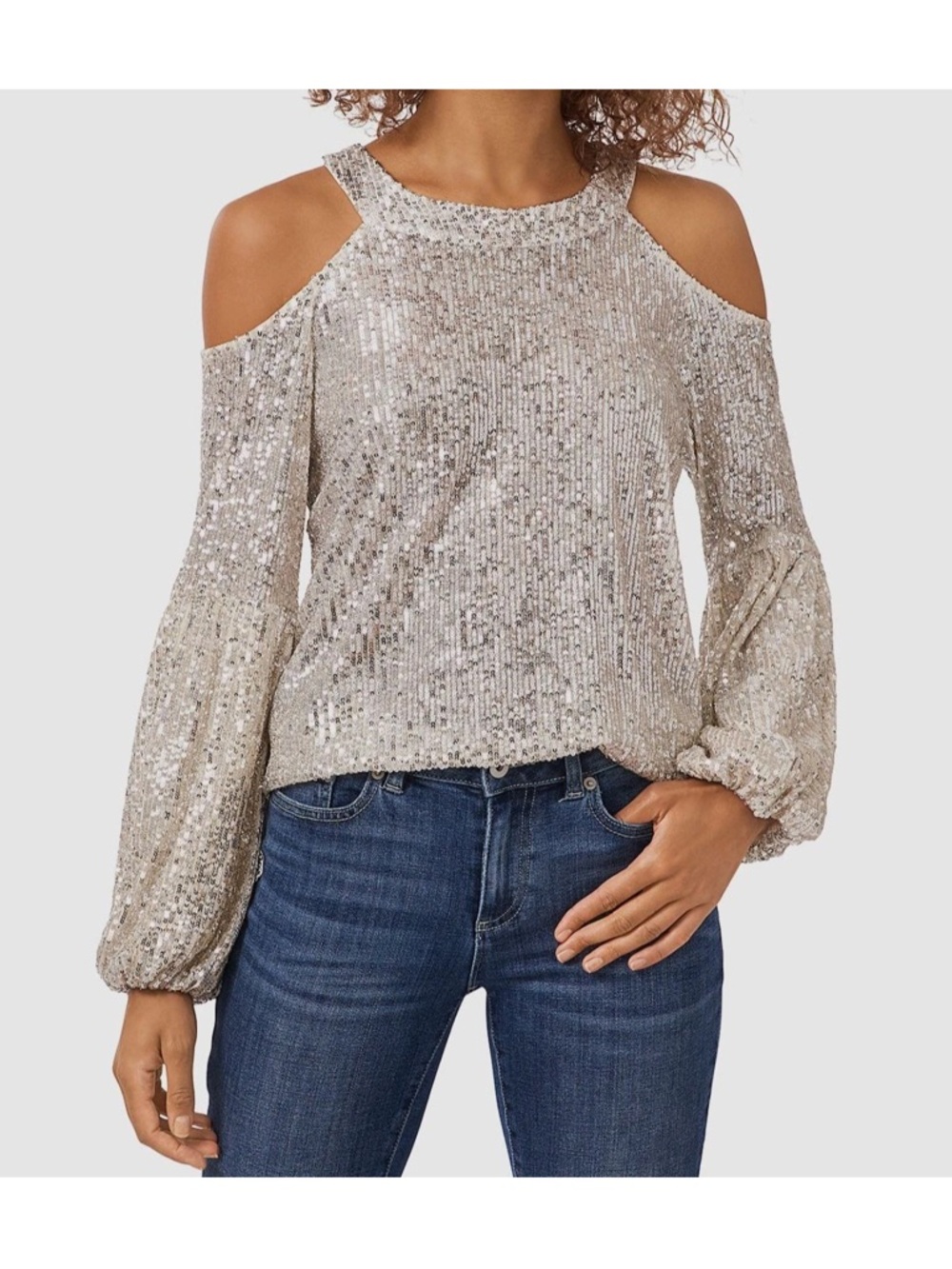 MSK Silver Sequin Cold-Shoulder Blouse